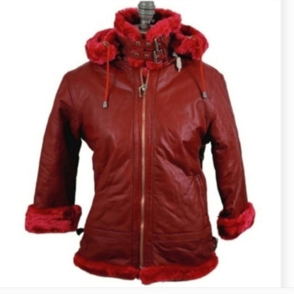 SARA NEW YORK IGL Red Leather Faux Fur Jacket Size 7 X